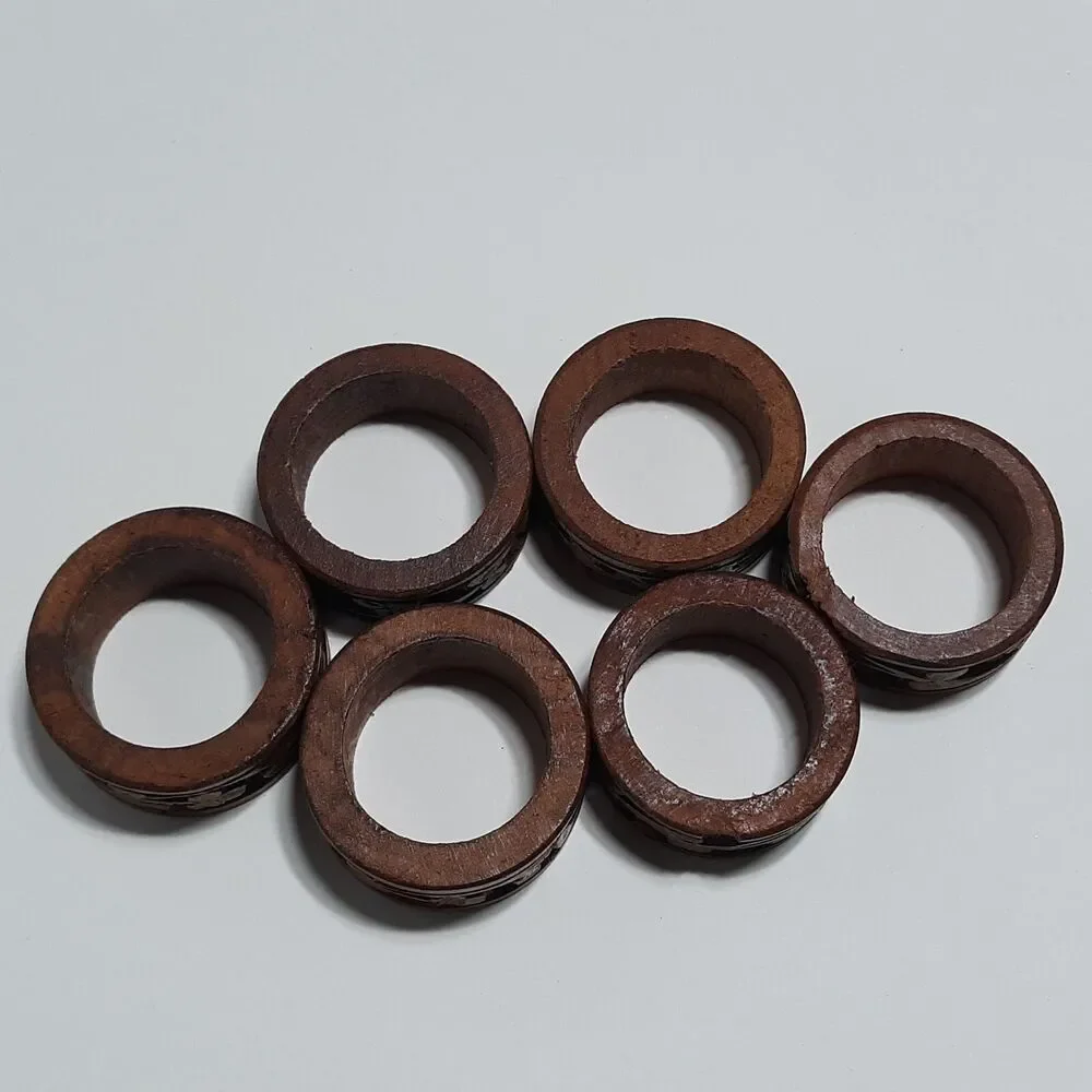 6pc Beautiful Boho Hand Carved Wooden Napkin Rings Holders Flowers Leaves